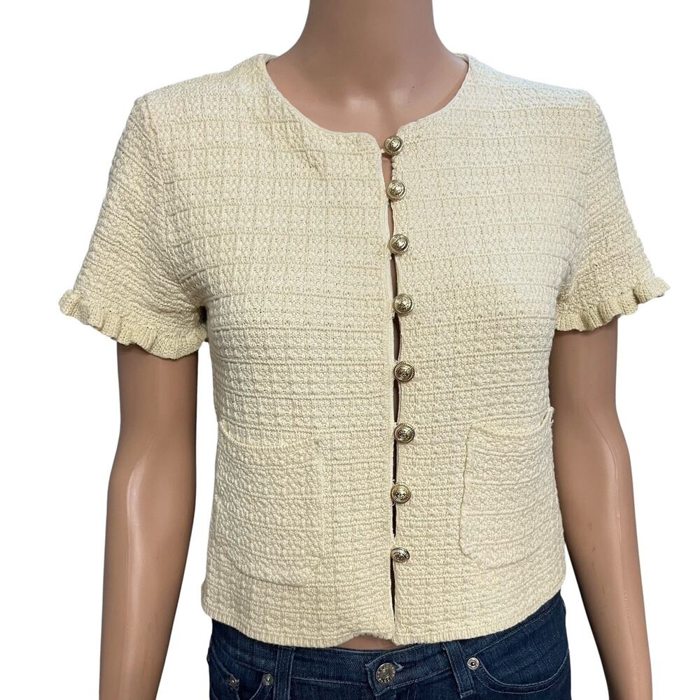 Zara Lady Cardigan Small Gold Button Short Sleeve Cream Preppy Academia Classic
